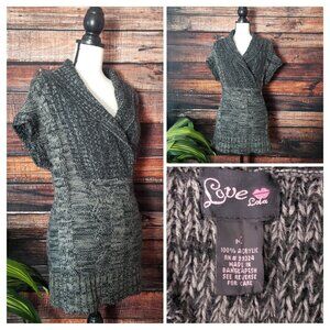 Love Lola Sweater Medium Short Sleeve Cowl Neck Black Gray Marled Cable Knit